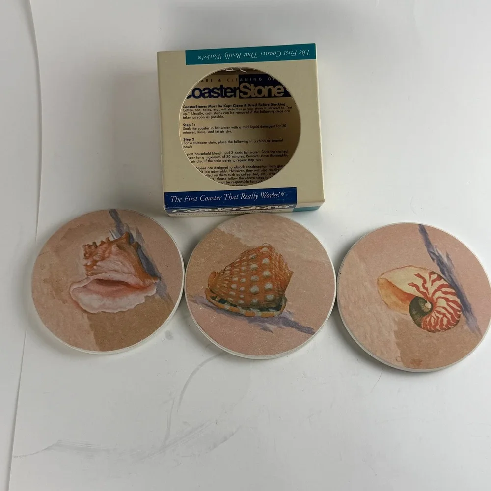 Vintage CoasterStone 3 Pc Sandstone Coaster Set Seashell Nautical Beach House 4